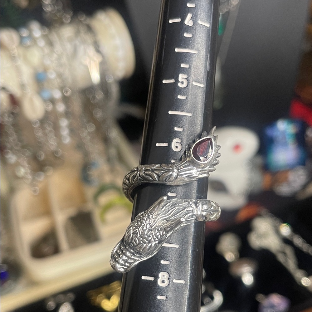Sterling Serpent Dragon Wrap Ring with Garnet Red 925 - Picture 2 of 3